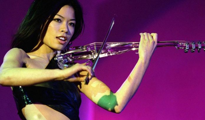 Violinist-Vanessa-Mae-performing-on-stage-in-London